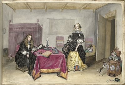 Sijbrant Schellinger 和 Jenneken ter Borch 与两个孩子在室内 作者 Gesina ter Borch（艺术家签名）