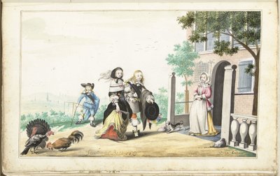 一对夫妇在乡间别墅门口迎接一位女士 作者 Gesina ter Borch（艺术家签名）