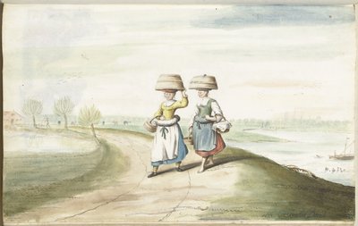 两位农妇在风景中漫步 作者 Gesina ter Borch（艺术家签名）