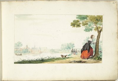 在树上刻名字的女人 作者 Gesina ter Borch（艺术家签名）
