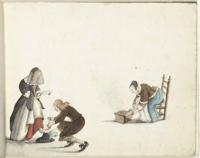绅士为女士系鞋带，女人在炉子里生火 作者 Gesina ter Borch