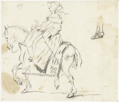 马背上的女人，从侧面看，小腿和脚的素描 作者 杰拉德·特尔·博尔赫 (II)