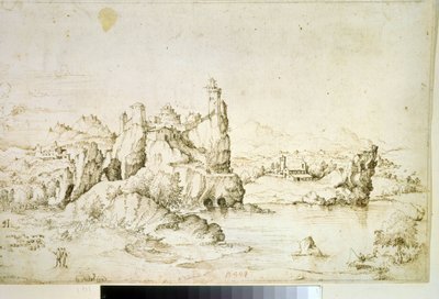 "山景中岩石上的城堡" 褐色水墨画，杰拉尔多-西博（1512-1600 年），1540 年 莫斯科普希金博物馆 作者 赫拉尔多·西博
