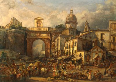 Italy, Naples, Market at Porta Capuana by Giacinto Gigante 作者 贾辛托·吉甘特（Giacinto Gigante）