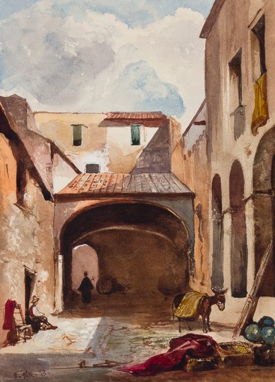 通道和带有数字的街道，还有Borbone瞳孔，可能是Prince Alfonso Maria di Borbone（1841-1934），1853年（铅笔，wc和水粉在纸上） 作者 贾辛托·吉甘特（Giacinto Gigante）
