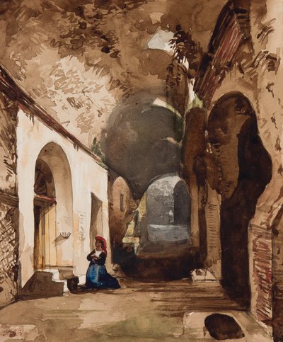 祈祷在Pozzuoli圆形剧场的拱形神殿的妇女，由Maria Annunziata di Borbone公主（1843-1871）添加（铅笔，wc和水粉在纸上） 作者 贾辛托·吉甘特（Giacinto Gigante）