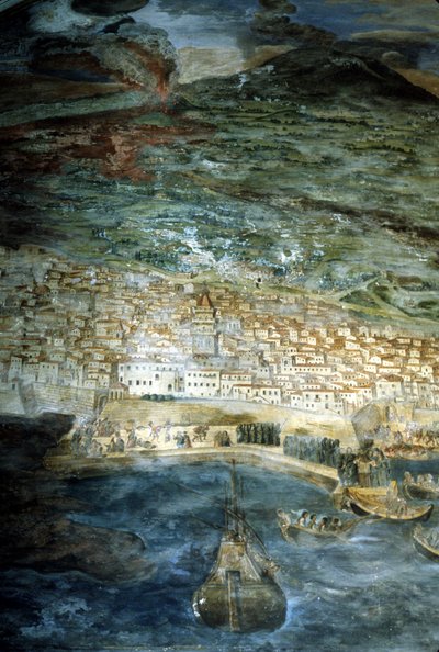 1669 年，埃特纳火山爆发摧毁了卡塔尼亚城（西西里岛）。贾辛托-普拉塔尼奥的画作。卡塔尼亚大教堂的圣器室。 作者 Giacinto Platanio