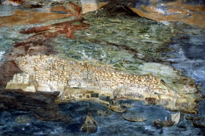 1669 年，埃特纳火山爆发摧毁了卡塔尼亚城（西西里岛）。贾辛托-普拉塔尼奥的画作。卡塔尼亚大教堂的圣器室。 作者 Giacinto Platanio