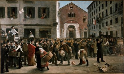 1882 年 12 月 24 日，在米兰加里波第广场为维罗纳附近洪水灾民募捐（绘画 作者 贾科莫·坎皮