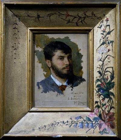 带有花卉图案的彩绘框架的自画像 作者 贾科莫·法夫雷托（Giacomo Favretto）