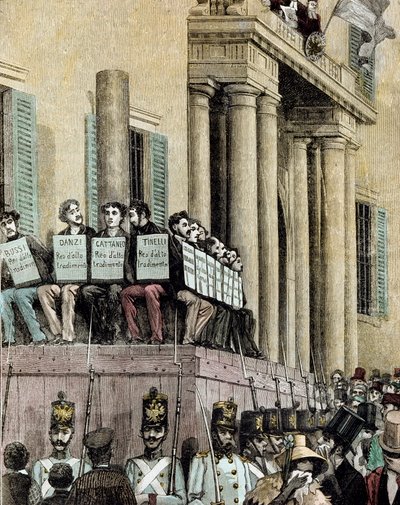 Risorgimento: “” members of the Giovine Italia movement (including Carlo Cattaneo (1801-1869), Tinelli, Danzi, Bussi) sitting in front of the Palace of Justice in Milan, listening to the sentence condemning them to exile in 1848”” 1884 Lithograph by Manteg 作者 贾科莫·曼特加扎（Giacomo Mantegazza）