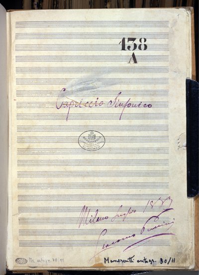 作曲家贾科莫-普契尼（1858-1924）1883年创作的 "交响随想曲 "的乐谱手稿。朱塞佩-威尔第音乐学院图书馆，米兰 作者 贾科莫·普契尼
