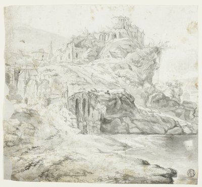 带遗址和瀑布的岩石岬角（正面）；带建筑物的悬崖素描（背面） 作者 吉尔斯·埃德梅·珀蒂