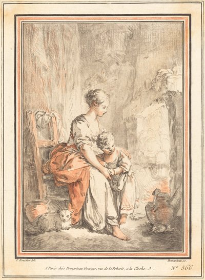 壁炉前的女人和孩子 作者 Gilles Antoine Demarteau 在 François Boucher 之后