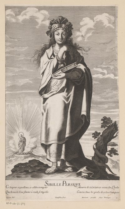 波斯茜比勒，背景是带着孩子的玛丽亚
Sibyl Persique（物品上的标题）
西伯利尔（系列名称）
茜贝勒》（系列名称） 作者 吉尔·罗素（Gilles Rousselet）