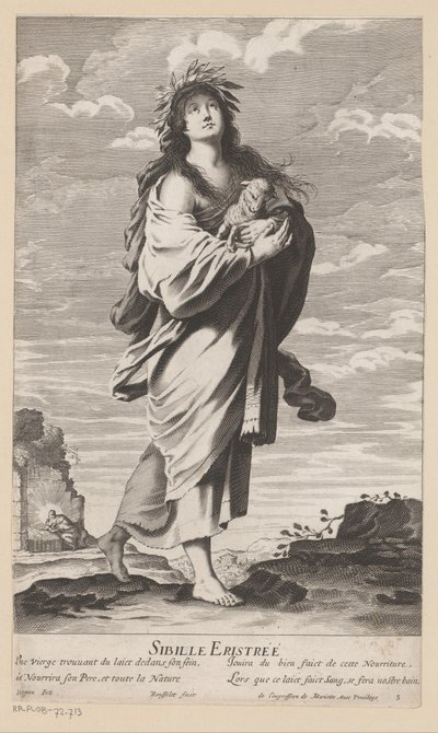 伊瑞斯拉的西庇阿，背景是带着孩子的玛丽亚
Sibyl of Erythrae（物品上的标题）
茜伯尔（系列标题）
茜贝勒》（系列名称） 作者 吉尔·罗素（Gilles Rousselet）