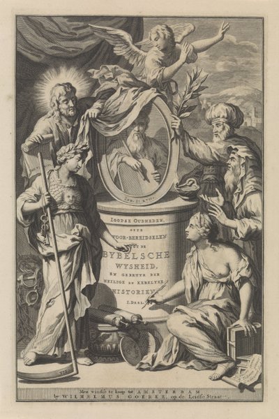 圣经人物揭示摩西肖像
Wilhelmus Goeree 的扉页，Voor-bereidselen tot de bybelsche wysheid, en gebruik der heilige en kerklijke historien，1690 年 作者 菲利普·泰德曼