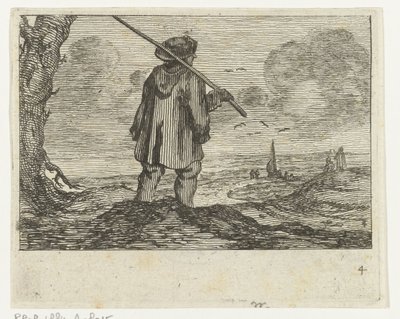 沙丘景观与肩扛法杖的男子
Verscheyden 海滩和水景，Jan Percelles（系列名称） 作者 Jan Porcellis（拒绝归属）