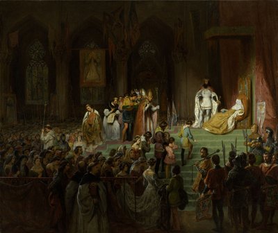 1827-1828年在科英布拉大教堂举行的死者伊内斯-德-卡斯特罗的加冕仪式。 作者 Gillot Saint Evre