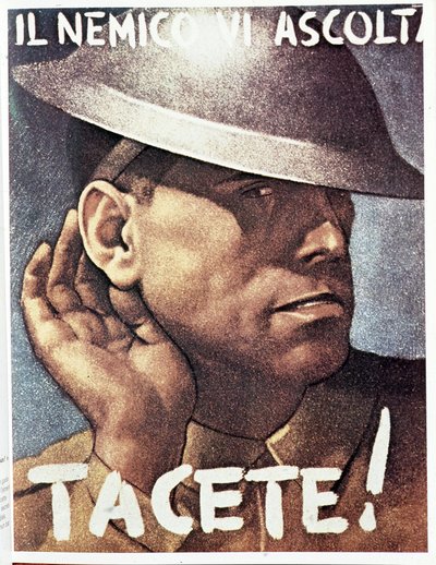沉默，敌人在倾听--1942 年意大利宣传海报 插图：吉诺-博卡西莱（1901-1952 年） 作者 吉诺博卡西尔