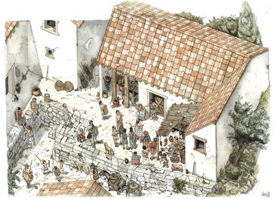 古希腊：公元前 5 世纪在阿特奈斯重建鞋匠（储蓄者）的店铺：哲学家苏格拉底在这里与他的同胞讨论。希腊 插图：乔治-阿尔贝蒂尼。(使用该作者的作品 作者 乔治·阿尔贝蒂尼
