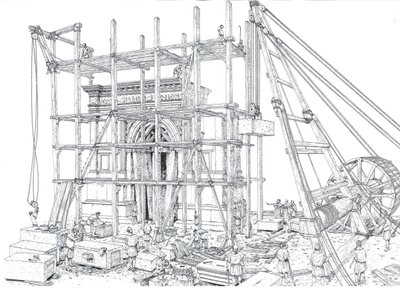 古罗马：重建公元 1 世纪的拱门建筑工地。工人们用脚手架和滑轮吊起大理石块。插图：乔治-阿尔贝蒂尼。(使用本文作者的作品无需申请版权。 作者 乔治·阿尔贝蒂尼
