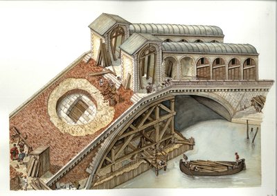 建筑：1588-1591 年意大利威尼斯里亚托桥的建筑工地。插图：乔治-阿尔贝蒂尼（使用该作者的作品无需获得第三方授权或支付额外版税。 作者 乔治·阿尔贝蒂尼