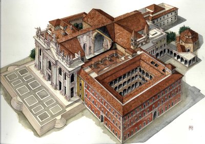 巴洛克建筑：圣约翰拉特兰大教堂（Saint John Laterano 或 San Giovanni in Laterano）重建（17-18 世纪），罗马 插图：乔治-阿尔贝蒂尼。(使用该作者的作品无需申请授权 作者 乔治·阿尔贝蒂尼