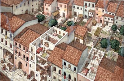 中世纪：住宅鸟瞰图，13 世纪意大利佛罗伦萨住宅内部剖面图。 作者 乔治·阿尔贝蒂尼