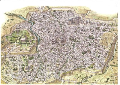 中世纪：撒马尔罕（Samarkand）城的详细鸟瞰图，城墙清晰可见，位于蒙古恰班王朝时期的乌兹别克斯坦。1450 年，中亚一带。插图：乔治-阿尔贝蒂尼。(使用该作者的作品是 作者 乔治·阿尔贝蒂尼