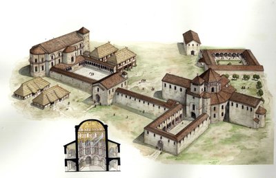 中世纪：概述，以及重建查理曼大帝宫殿（约 742-814 年）的横截面，该宫殿由建筑师 Eudes de Metz 于 794 年左右在德国亚琛（Aachen）建造。插图由乔治-阿尔贝蒂尼绘制。(使用该作者的作品不受以下限制 作者 乔治·阿尔贝蒂尼