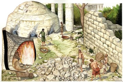 中世纪：重建石灰窑（chaufour），工人在加工石灰石。插图：乔治-阿尔贝蒂尼。(使用该作者的作品无需向第三方申请授权或支付额外费用）。 作者 乔治·阿尔贝蒂尼