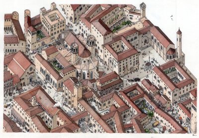 中世纪：14 世纪巴塞罗那历史悠久的 Barri Gotic（barrio gotico）区重建。圣欧拉丽大教堂清晰可见。西班牙 插图：乔治-阿尔贝蒂尼。(该作者作品的使用不在版权保护范围内。 作者 乔治·阿尔贝蒂尼