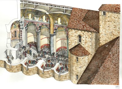 8 世纪重建的圣约翰-拉特兰大教堂（Saint John Laterano 或 San Giovanni in Laterano）：通过建筑杯可以看到三层大厅和教皇的就职典礼。罗马 作者 乔治·阿尔贝蒂尼