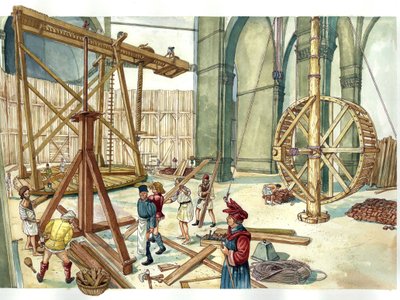 文艺复兴时期：根据建筑师菲利波-布鲁内莱斯基（Filippo Brunelleschi）的设计图重建圣玛丽亚-德尔菲奥雷教堂（大教堂）圆顶建筑工地。1436.意大利佛罗伦萨 插图：乔治-阿尔贝蒂尼。(对该作者作品的使用不受限制。 作者 乔治·阿尔贝蒂尼