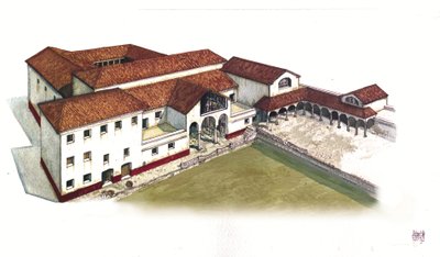 罗马古迹：重建 4 世纪意大利古奥斯提亚海洋港口遗址（domus di porta marina）。 作者 乔治·阿尔贝蒂尼