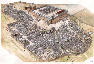 罗马古城：重建后的耶路撒冷城，圣殿在城中占据主导地位，旁边的安东尼娅要塞是罗马驻军的驻地。以色列。 作者 乔治·阿尔贝蒂尼