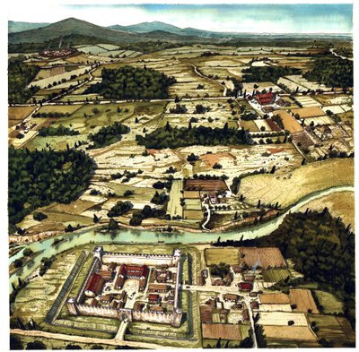 中世纪中期的典型景观，前景为堡垒，法国。6-11 世纪 作者 乔治·阿尔贝蒂尼