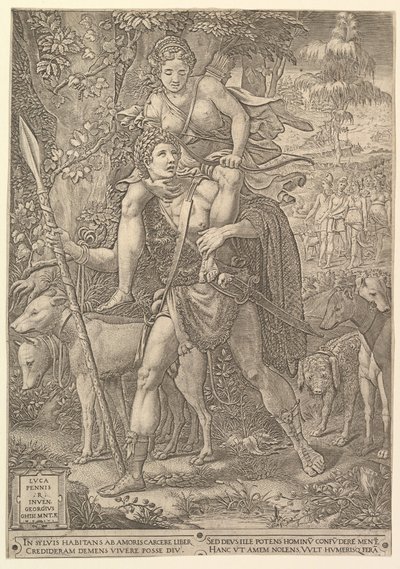 亨特的寓言，一位拿着大矛的猎人，手持女子戴安娜（Diana），1556年。 作者 乔治·吉西（Giorgio Ghisi）