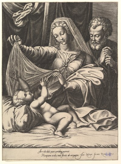 维尔京的麦当娜（Madonna of Loreto），处女在孩子的上方掀起面纱，孩子躺在床上和枕头上，1575年。 作者 乔治·吉西（Giorgio Ghisi）