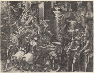 特洛伊的陷落和埃涅阿斯的逃亡 作者 Giovanni Battista Scultori 之后的 Giorgio Ghisi