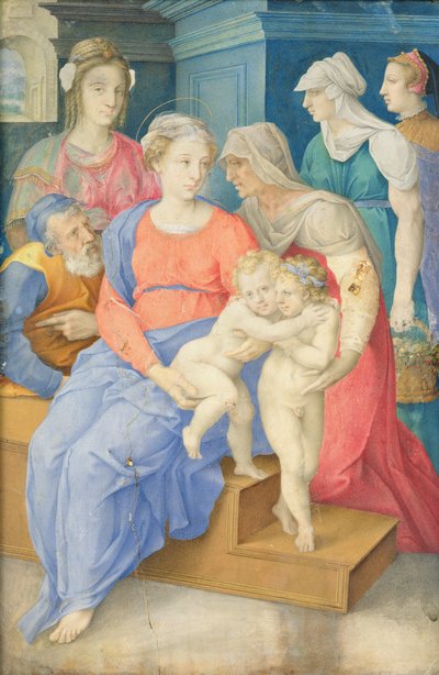 神圣家族与圣伊丽莎白，施洗者圣约翰和三个贵族妇女，c.1557 作者 Giorgio Giulio Clovio
