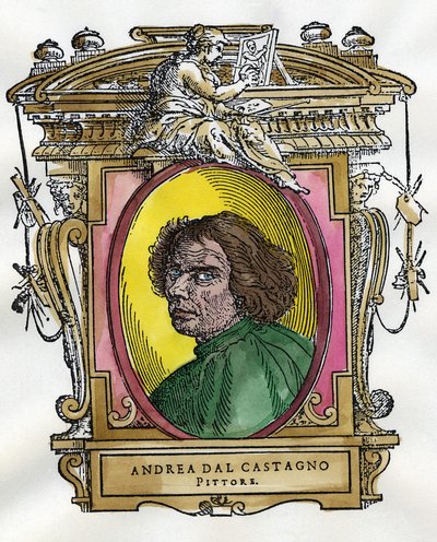 画家安德烈亚-德尔卡斯塔尼奥（Andrea Del Castagno，约 1410 - 1457 年）的肖像。乔治-瓦萨里的画家和雕塑家传记集。 作者 乔治·瓦萨里（Giorgio Vasari）
