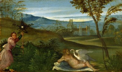 勒达与天鹅》--乔治-达-卡斯特尔弗朗科（Giorgio da Castelfranco，1477-1510 年）的画作，布面油画，约 1500 年 作者 乔尔乔内