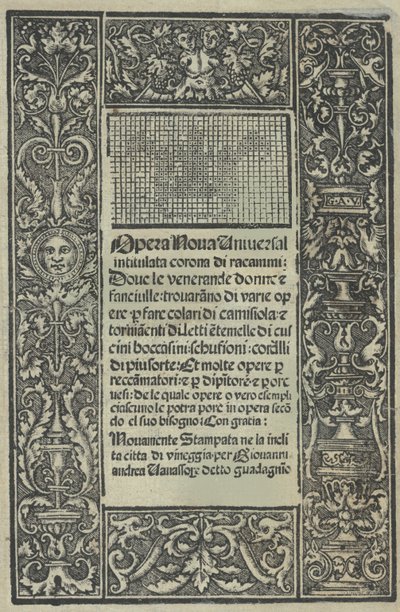 Opera Nova Universali intitulata Corona di racammi, title page recto, [1530]. 作者 乔瓦尼·安德烈·瓦瓦索尔