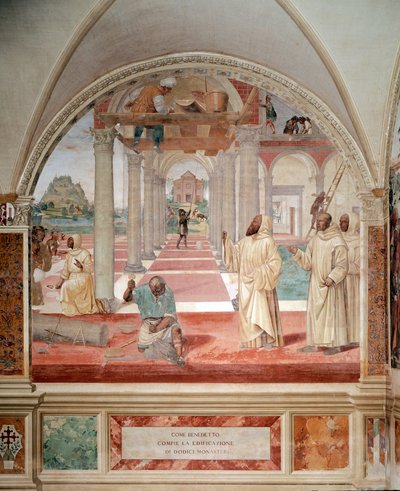 本尼迪克特建造了十二座修道院的壁画，由 Antonio Bazzi dit il Sodoma (1477 - 1549) 制作，讲述了圣本笃会 (480 - 567) 创始人本笃会勋章的创始人 1503 - 1508 年 Monte Oliveto Maggiore 修道院的生平 作者 乔凡尼·安东尼奥·巴齐·索多玛
