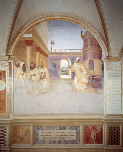 Benedict forgives the monk who, trying to escape the monastery, found a snake on his way (Benedict forgives the monk who, trying to escape the monastery, found a snake on his way) Fresco of the cloister made by Antonio Bazzi dit il Sodoma (1477 - 1549) rec 作者 乔凡尼·安东尼奥·巴齐·索多玛