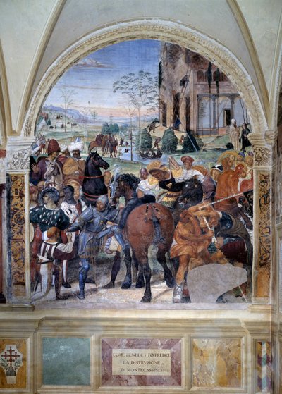 How Benedict predicts the destruction of Monte Cassino (St Benedict predicts the destruction of Monte Cassino) Detail - fresco of the cloister made by Antonio Bazzi dit il Sodoma (1477 - 1549) recounting the life of Saint Benedict of Nursie (480 - 567) fou 作者 Giovanni Antonio Bazzi Sodoma