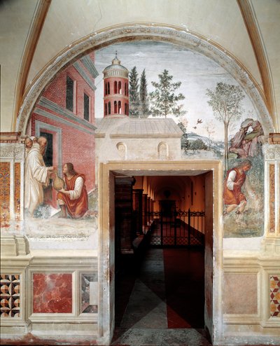 本尼迪克特如何变成仆人藏在他身边的酒蛇细节 - Antonio Bazzi dit il Sodoma（1477 - 1549）制作的cloitre壁画，讲述了本笃会的创始人圣本笃（480 - 567）的生平 1503 - 1508 修道院 作者 乔凡尼·安东尼奥·巴齐·索多玛