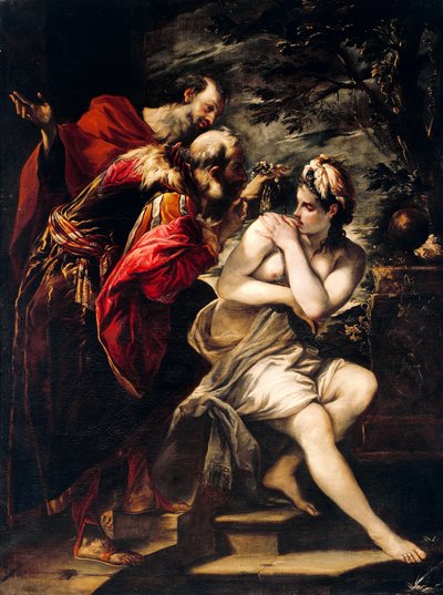 乔瓦尼·安东尼奥·布里尼 (Giovanni Antonio Burrini) (1656-1727) 的苏珊娜和长老，布面油画 作者 乔凡尼·安东尼奥·伯里尼或布尔诺